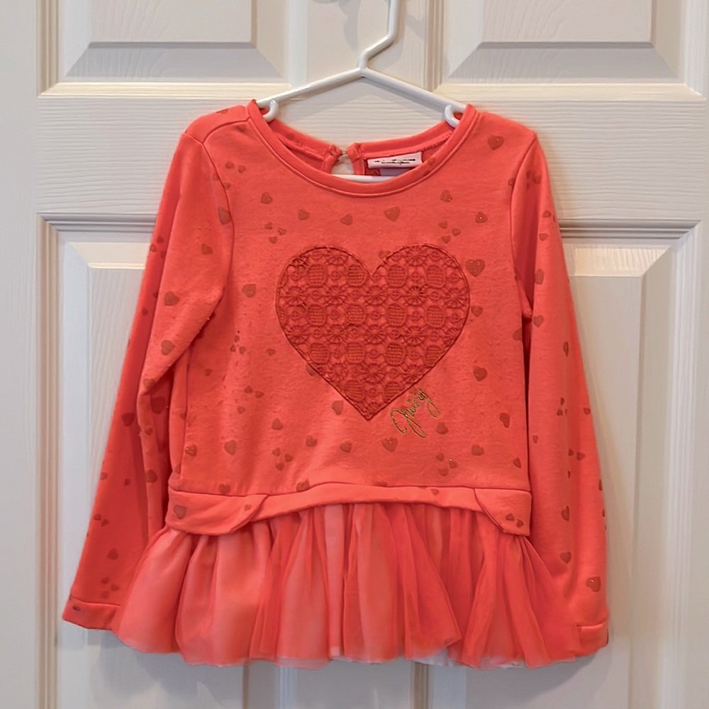 Juicy Couture long sleeve heart Valentine’s Day ruffle shirt Sz 5 orange/pink